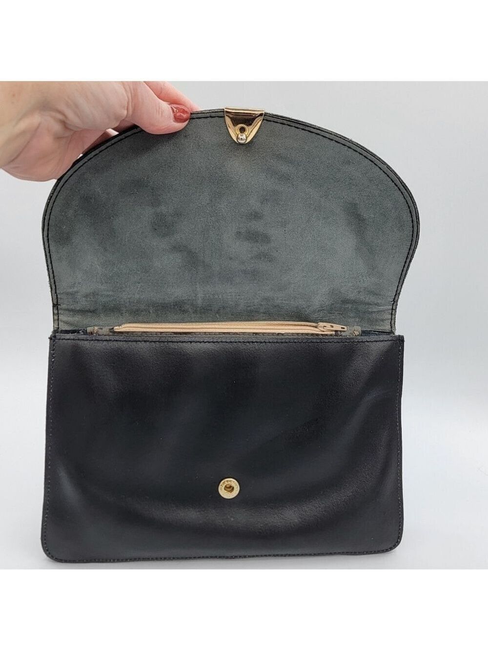 Vintage Black Leather Clutch Handbag #2758 - Picture 6 of 14